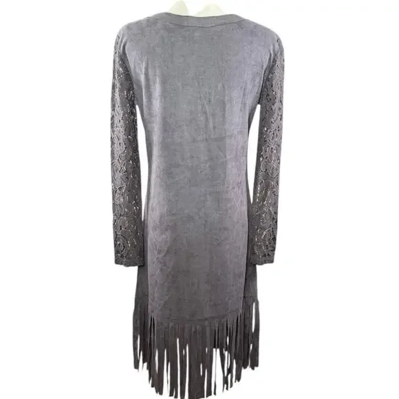 Pretty Angel Gray Linen Cotton Blend Fringe Western Boho Tunic Dress | M/L - Picture 3 of 11